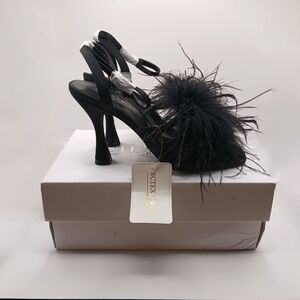 BCTEX COLL Women's Heeled Sandals Fluffy Feather Square Open Toe Ankle Strap
